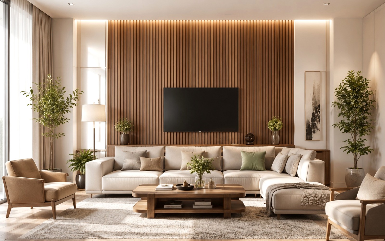 Реечные панели STAVROS в гостиной с ТВ-зоной